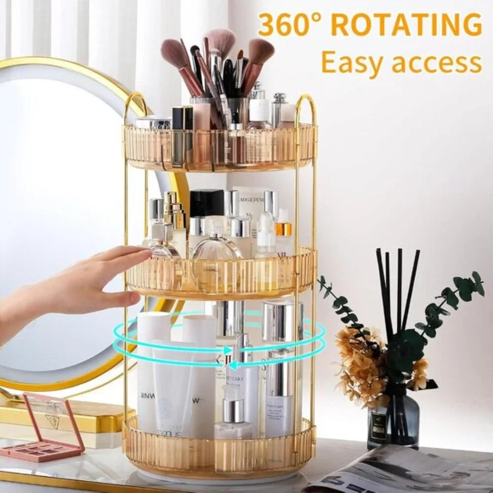 New 360° Rotating Makeup Organizer, Large 3-Tier Cosmetic & Skincare Storage